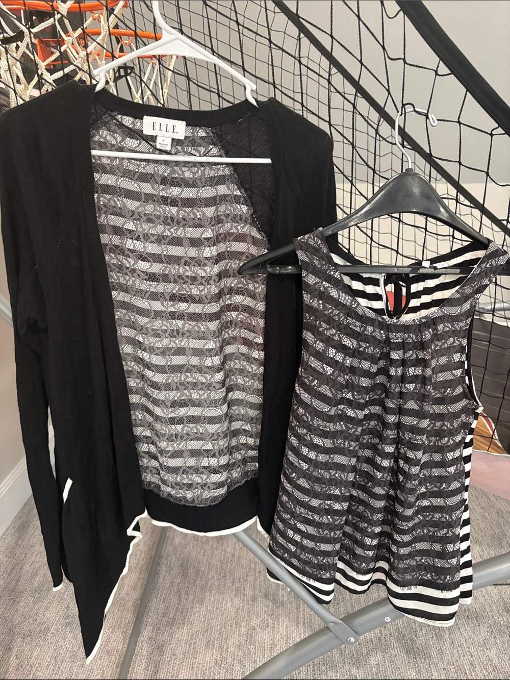 Elle Black Lace-Striped Tank and Black Cardigan Set.
